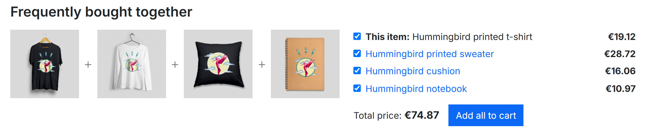 The “Frequently bought together” bundle on a product page of the demo shop, in the theme’s colours.